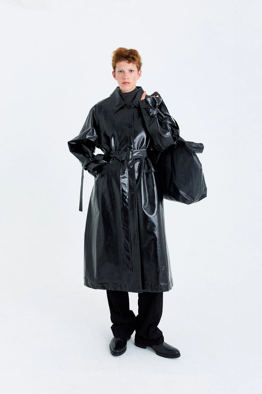 LONG BLACK GLOSSY TRENCH COAT