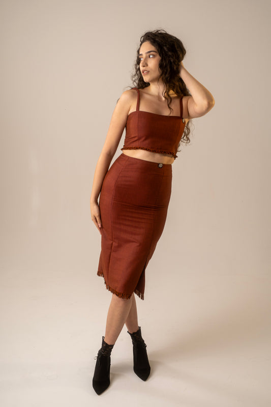 Rust fringe skirt