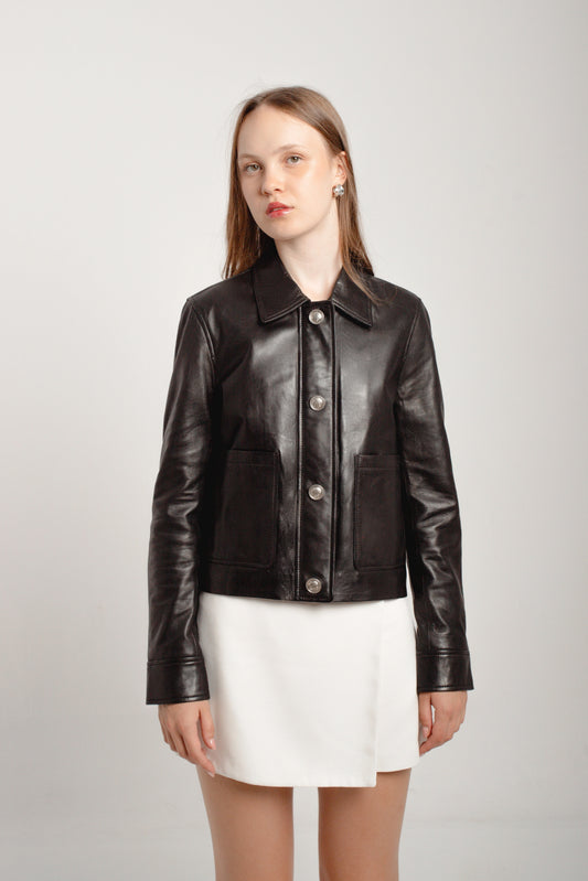 Button leather jacket