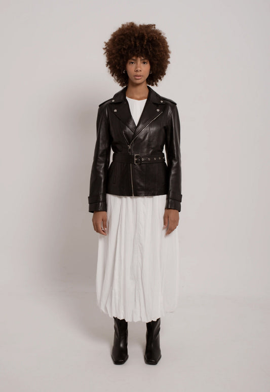 Belted leather jacket